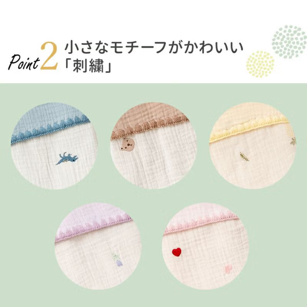 株式会社アミングが販売する4重ガーゼおくるみ刺繍 全3種