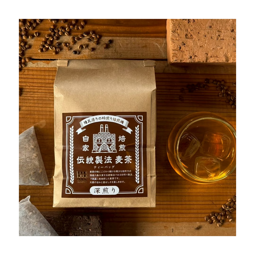 株式会社伊佐食品(いさし園)が販売する伝統自家焙煎麦茶(深煎り中)