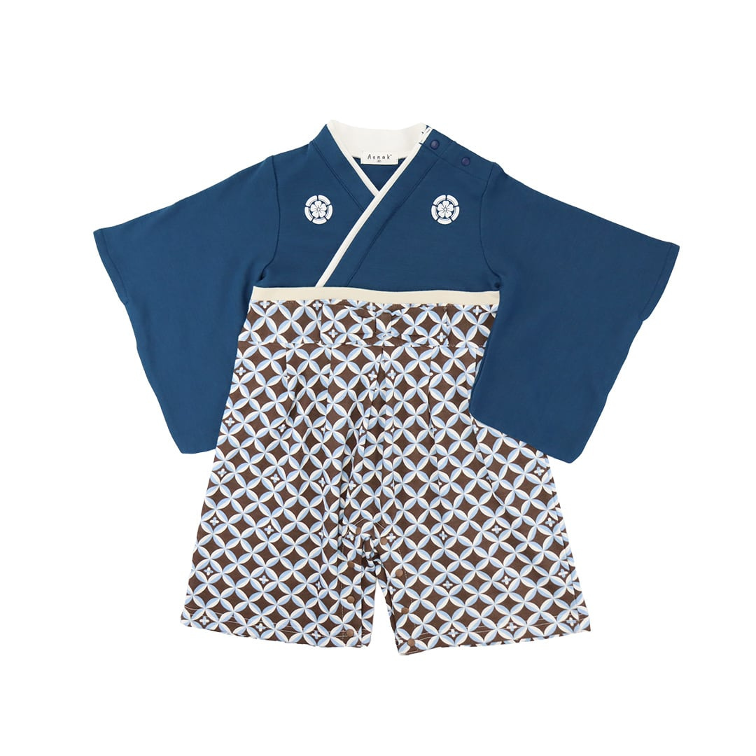 株式会社Rokが販売する七宝柄男児袴ロンパース（藍色・アイボリー）　全4種